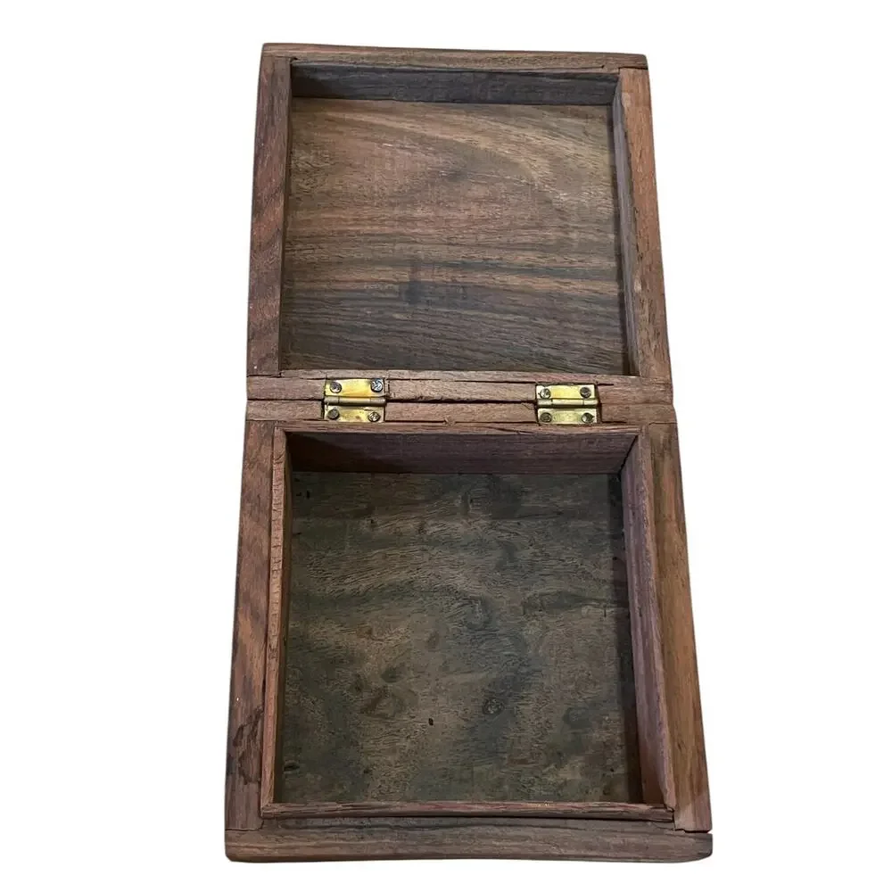 Vintage Hand Carved Wooden Trinket/Jewelry Box Hinged Leaves India 5” Square